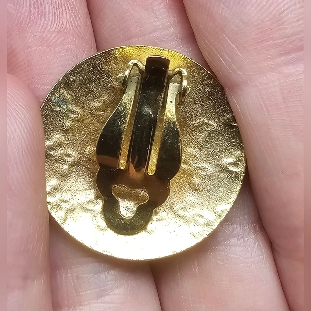 Vintage Black Gold Pink Flower Enamel Cloisonne Clip-On Round Stud Earrings - Picture 6 of 9